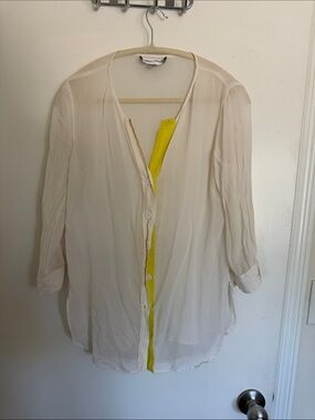 100% Silk Light Cream Button-Front Blouse with Yellow Trim